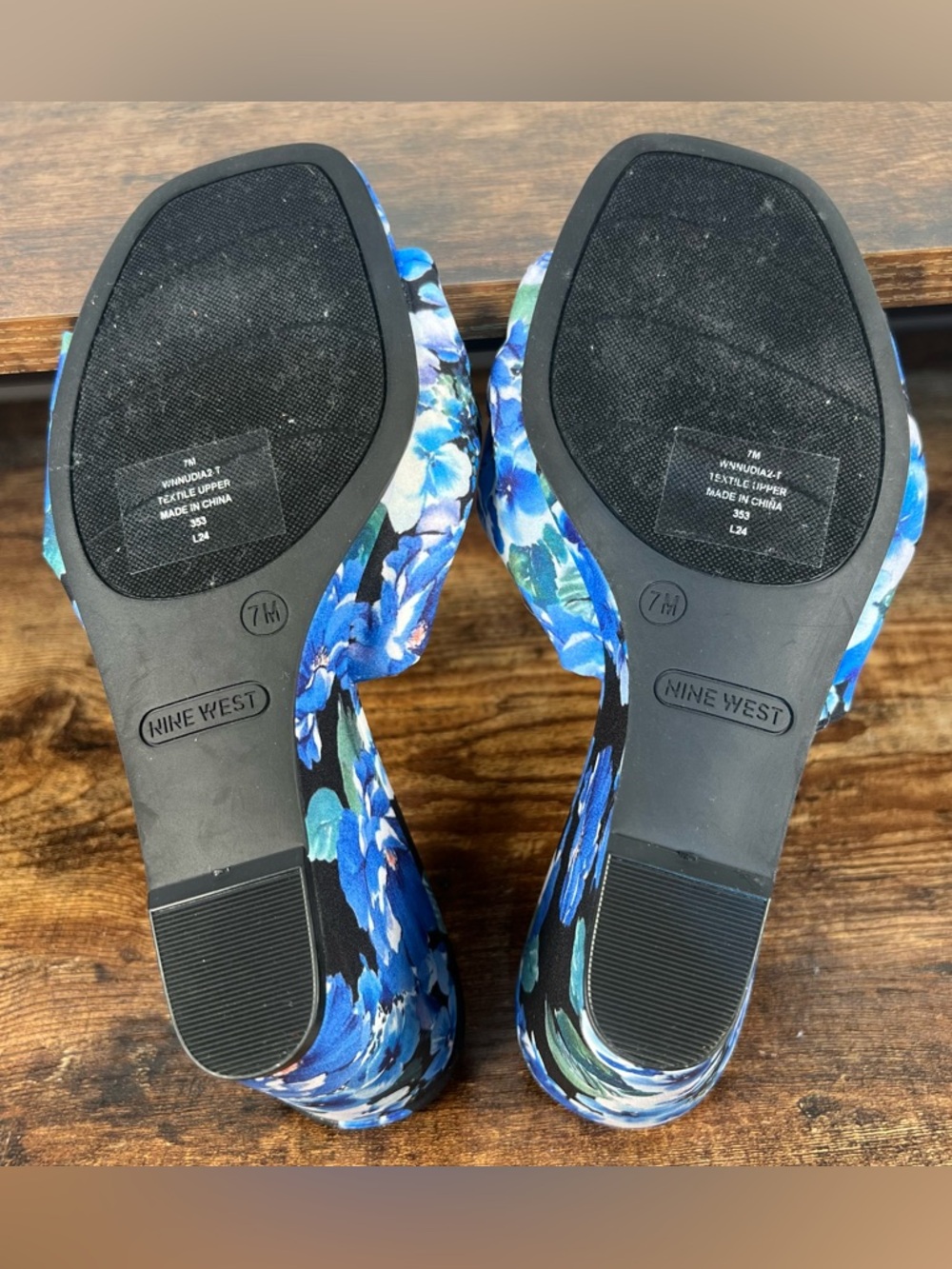 Nine West Sandals Blue Floral Wedge Heel Open Toe Slip On Nudia2 Women's 7 - Picture 8 of 10
